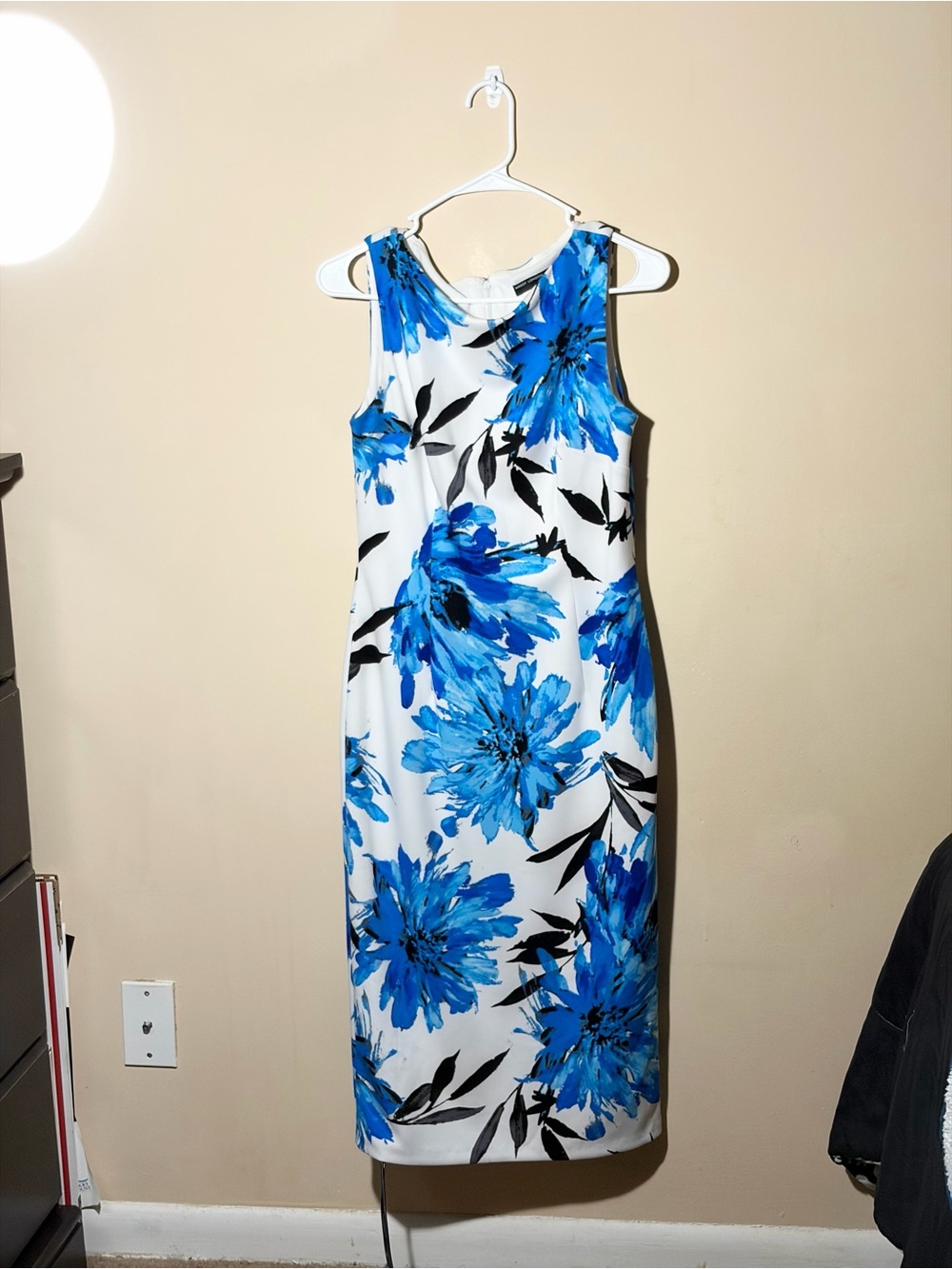 Maggy London White Midi Dress with Vibrant Blue Floral Print